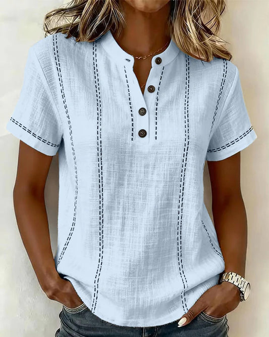 T-shirt casual con scollo a V e bottoni