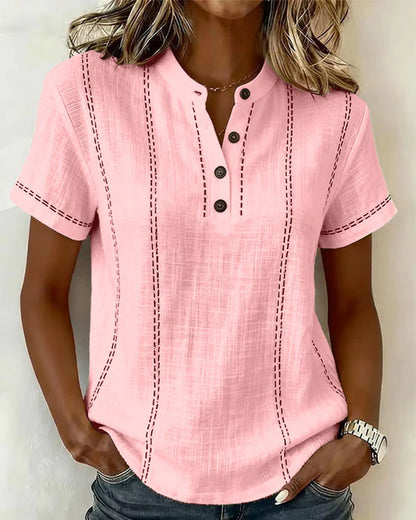 T-shirt casual con scollo a V e bottoni